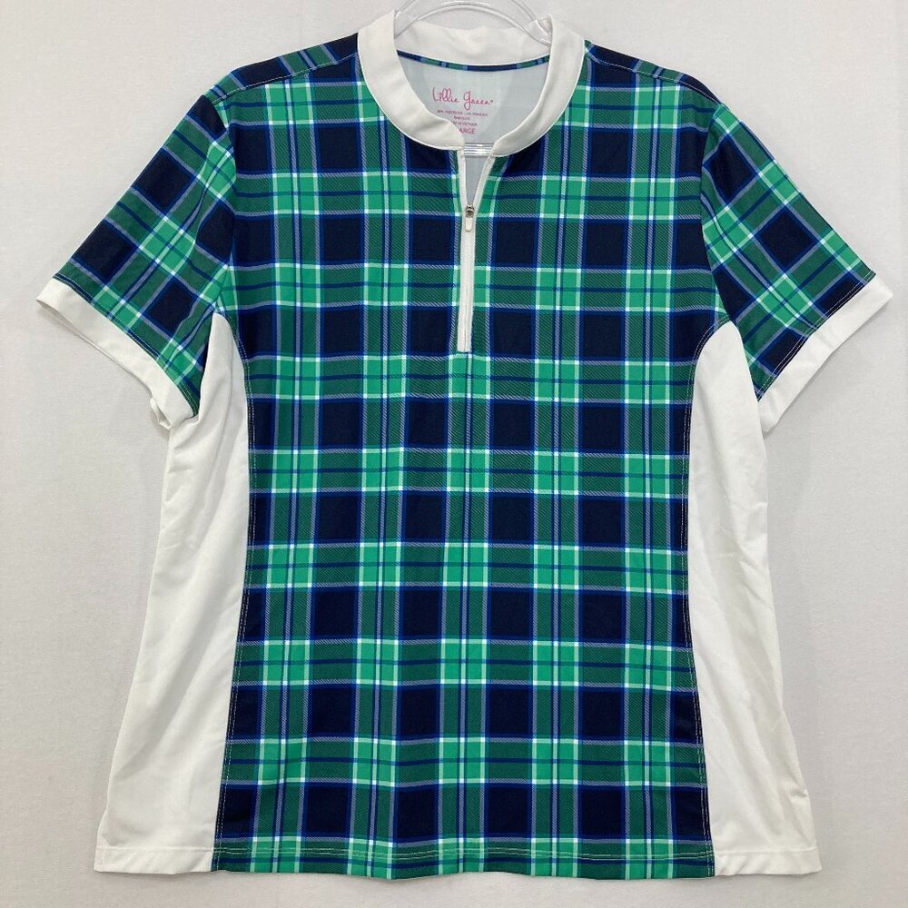 Lillie Green size XL‎ Green White Plaid Split Neck Stretch Top Golf Outdoor